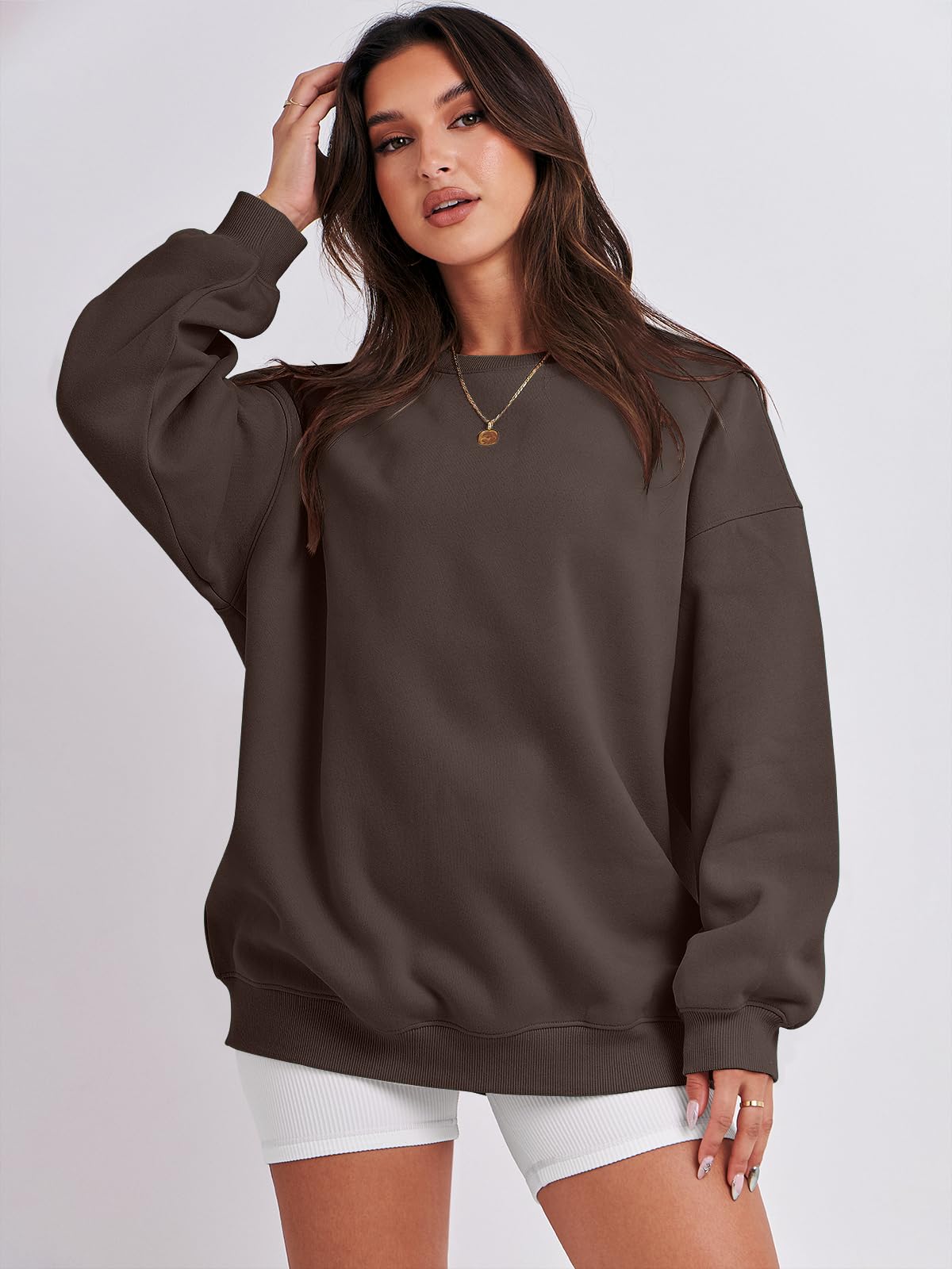 Damskie bluzy oversize bluzy z kapturem polar okrągły dekolt sweter top codzienne jesienne stroje preppy ubrania nastolatki 2024 A1019 światło, Jeden kolor, Dark Brown_S