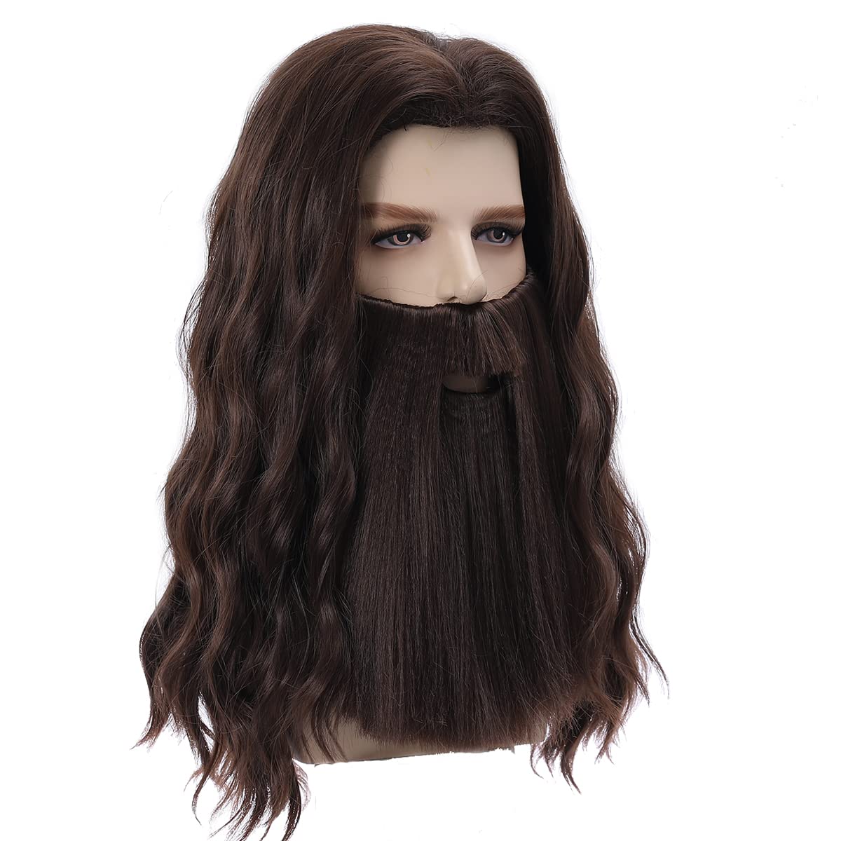 Beard Brown Wig Men Long Curly Wig Dark Brown Wig Beard Men's Costume Wig Halloween Cosplay Party Wig (Dark Brown)