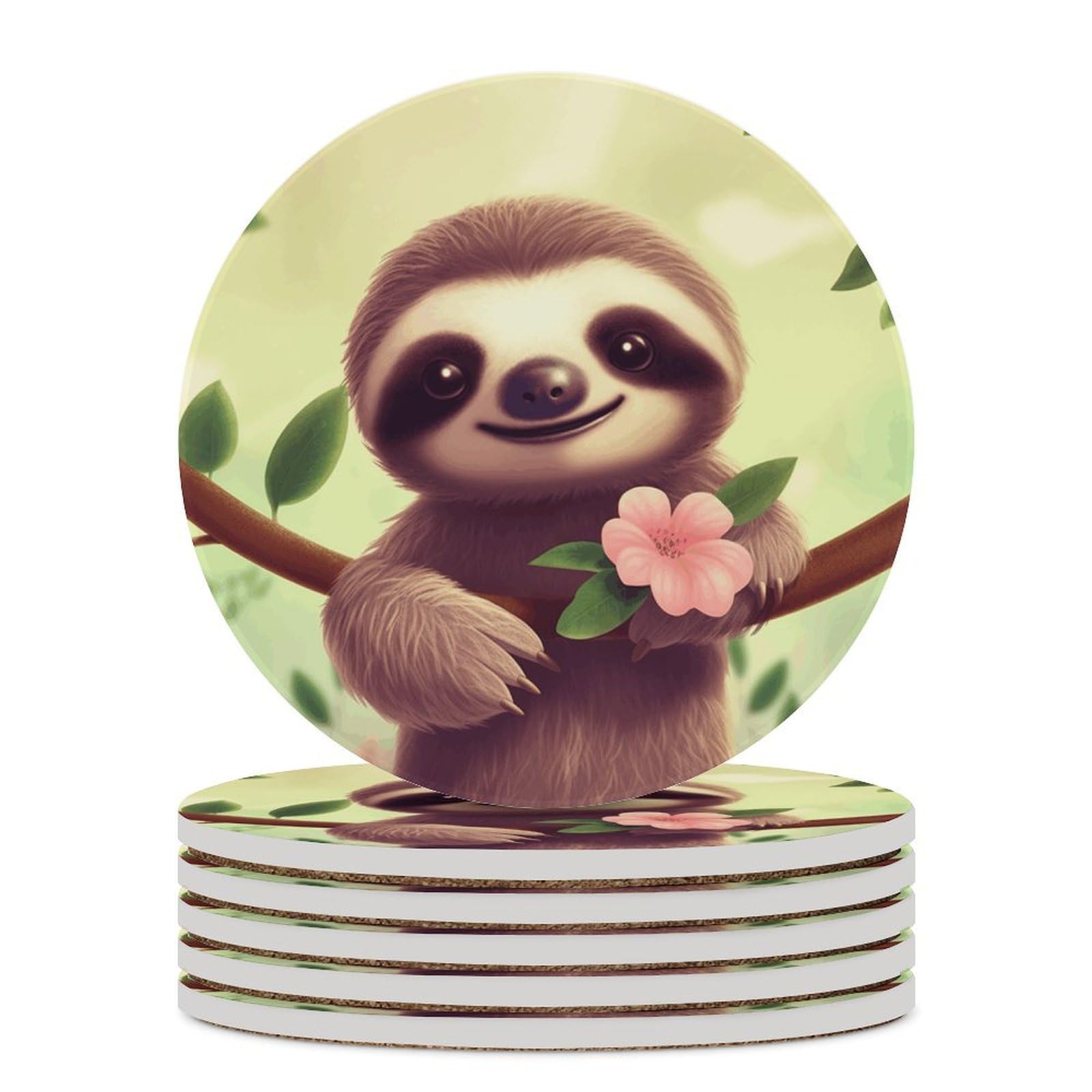 Cute Sloth Coaster with Cork Base Drink Coasters for Coffee Table Decor Modern Cup Coasters with Non-Slip & Heat-Resistant Cute Ceramic Table Coaster for Home Dining