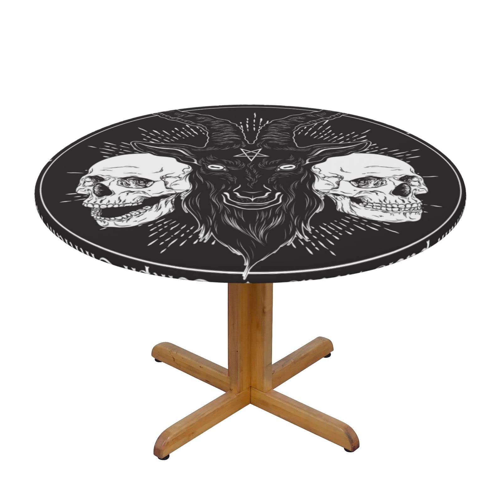 Lsjuee Round Fitted Tablecloth 40-44in Elastic Edged Table Cloth for Kitchen Dining Party Home Decor - Goat Head Baphomet Demon Devil Black