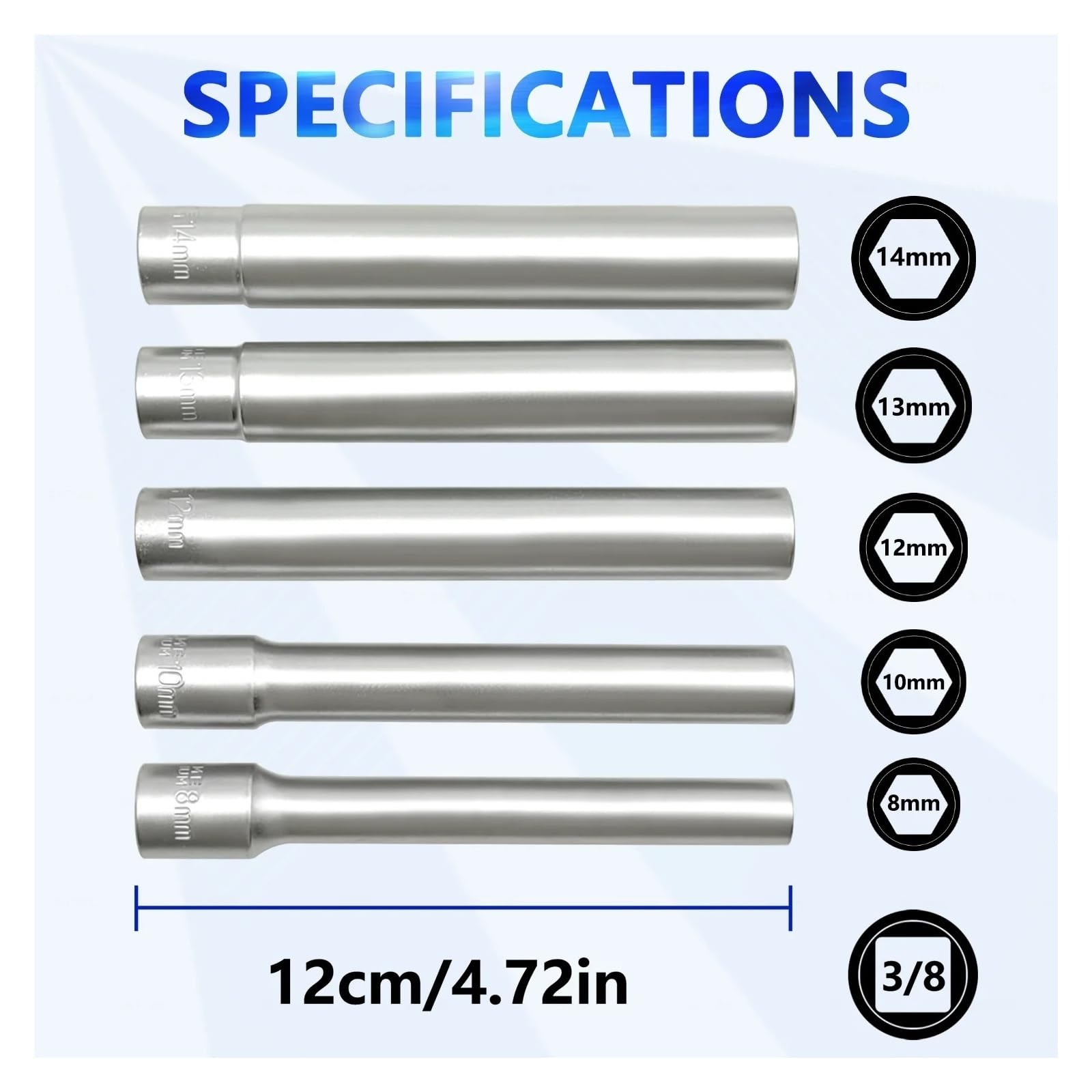 Zestaw 5 bardzo głębokich nasadek 3/20.3 cm do stali CR-V metryczne SAE Combo - 6 punktów 5/20.3 cm 13/40.6 cm + 12 punktów 14 mm 16 mm 18 mm do naprawy samochodów