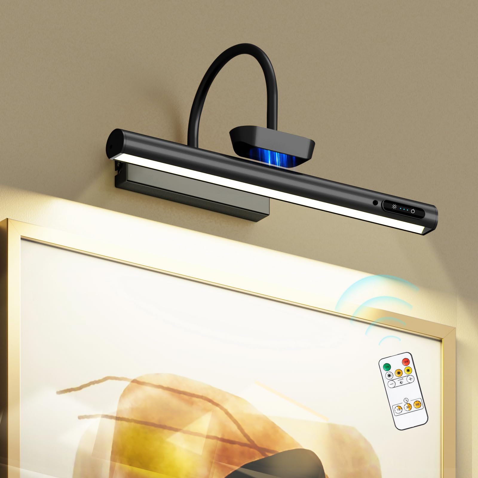Bridika Picture Light Battery Operated, 13.8in Picture Lights for Wall, 3 Colors & Brightness Dimmable, Rechargeable Art Light for Paintings Photo Dartboard Gallery Bedroom Bathroom Black