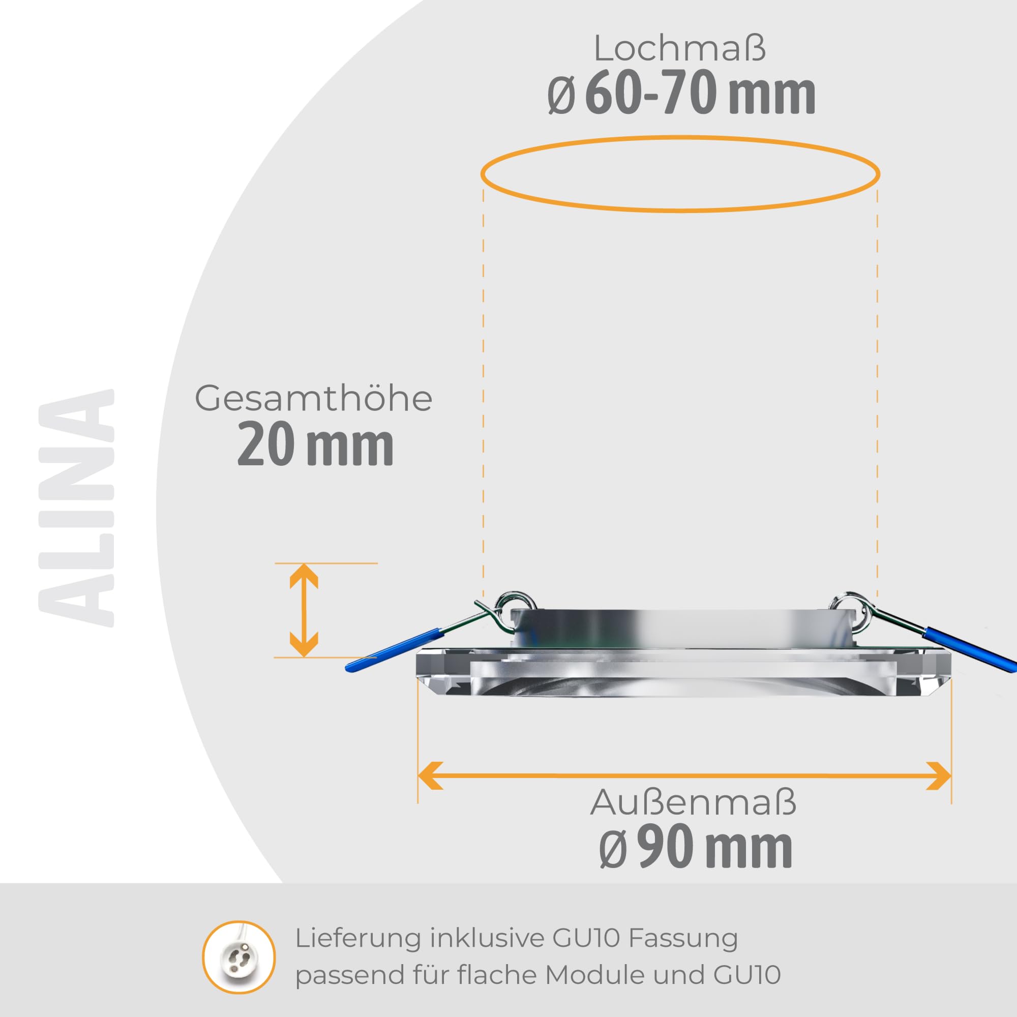 SSC-LUXon ALINA 6 Stück Einbaustrahler Rahmen Glas eckig spiegelnd Fassung für GU10 & Modul - Decken Einbauleuchte Lochmaß 60-70mm
