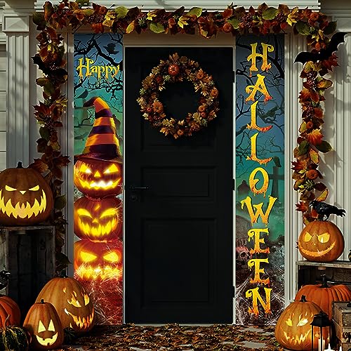 Tiamon 2-Piece Halloween Door Banners - Evil Pumpkin & Witch Hats Signs for Front Door Wall Porch & Home Party Decor