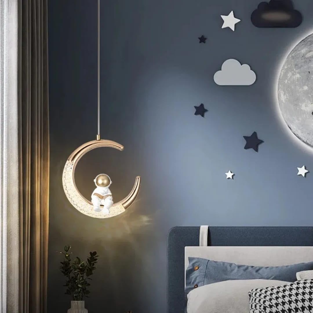 Glowave® LED Moon Shape Classic Gold Finish Acrylic Bedside Pendant Hanging Light Ceiling Lamp Light Fixture - Tricolour (Astronaut Half Moon)-image-17