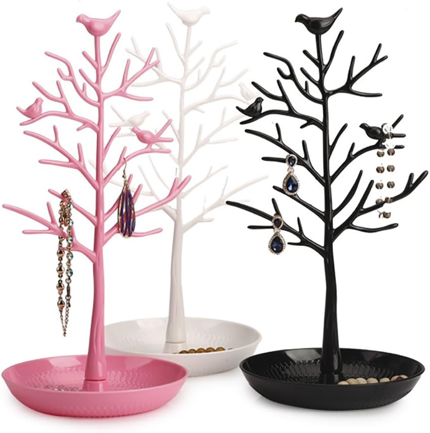 Jewelry Stand Necklace Tree - Earring Organizer Holder Plastic Birds Tree Display with Tray Antique Bracelet Rings Rack Tower Decoration for Women Girl Pink 11.8 Inch