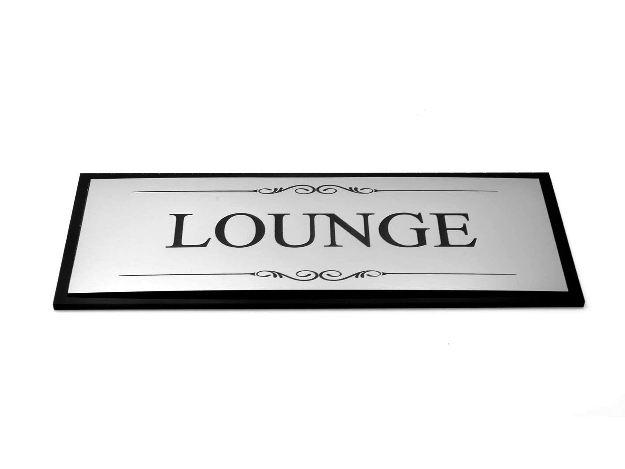 OriginDesigned Lounge Door Sign, Adhesive Plaque, Stylish Metallic Silver and Black - Acrylic (Size 19.5cm x 7.6cm) supplied with adhesive strips
