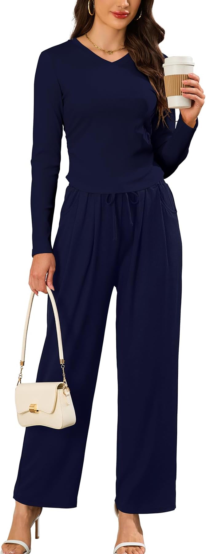 Airport Outfits for Women 2 Piece Sets Fall Outfit Long Sleeve Ruched Crop Tops Wide Leg Drawstring Elastic Waist Pants Casual Wear Co Ord Set