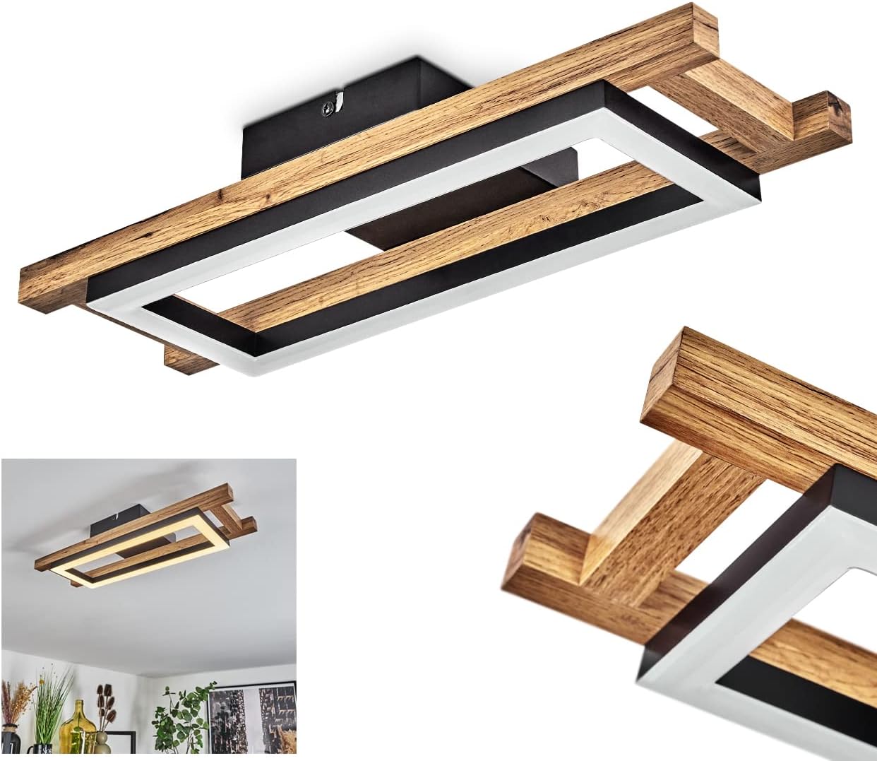 LED Deckenleuchte Bealeton – Moderne Eckige Lampe In Schwarz/Holzoptik, 35x35 Cm, 1800 Lumen, 3000K
