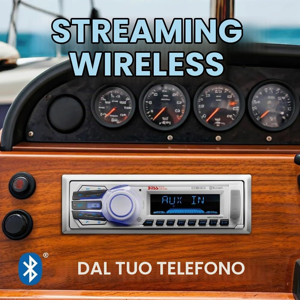KIT SET PER BOSS AUDIO SYSTEMS MR1308UAB, autoradio 1 din, digital media, ricevitore am/fm, stereo, aux/usb/mp3, con bluetooth, marino, per barca, gommone, 1 pezzo + accessori omaggio