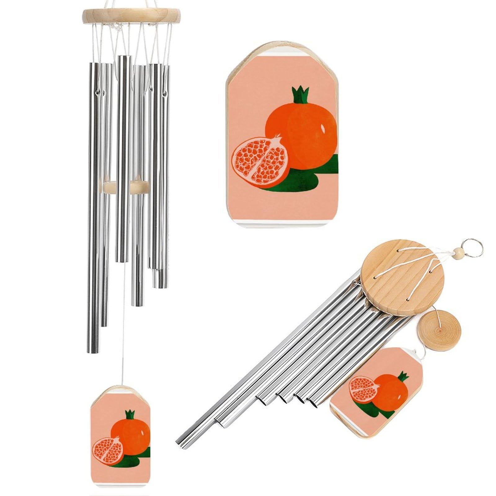 Minimal Whole Pomegranate And One Halved Wind Chimes Memorial Deep Tone Windchime with 6 Aluminum Tubes Outdoor Backyard Garden Decoration