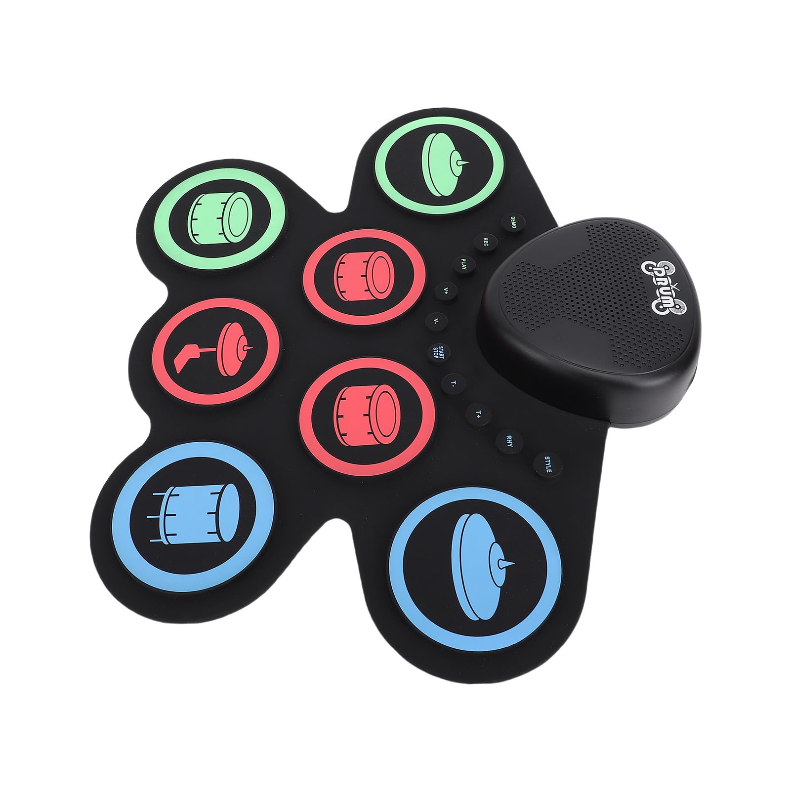 Batería Electrónica con Doble Altavoz, Pad Enrollable, 7 Pads, Kit de Práctica, Recargable, Baquetas, Pedal, para Principiantes, 37,1 X 34,5 cm.