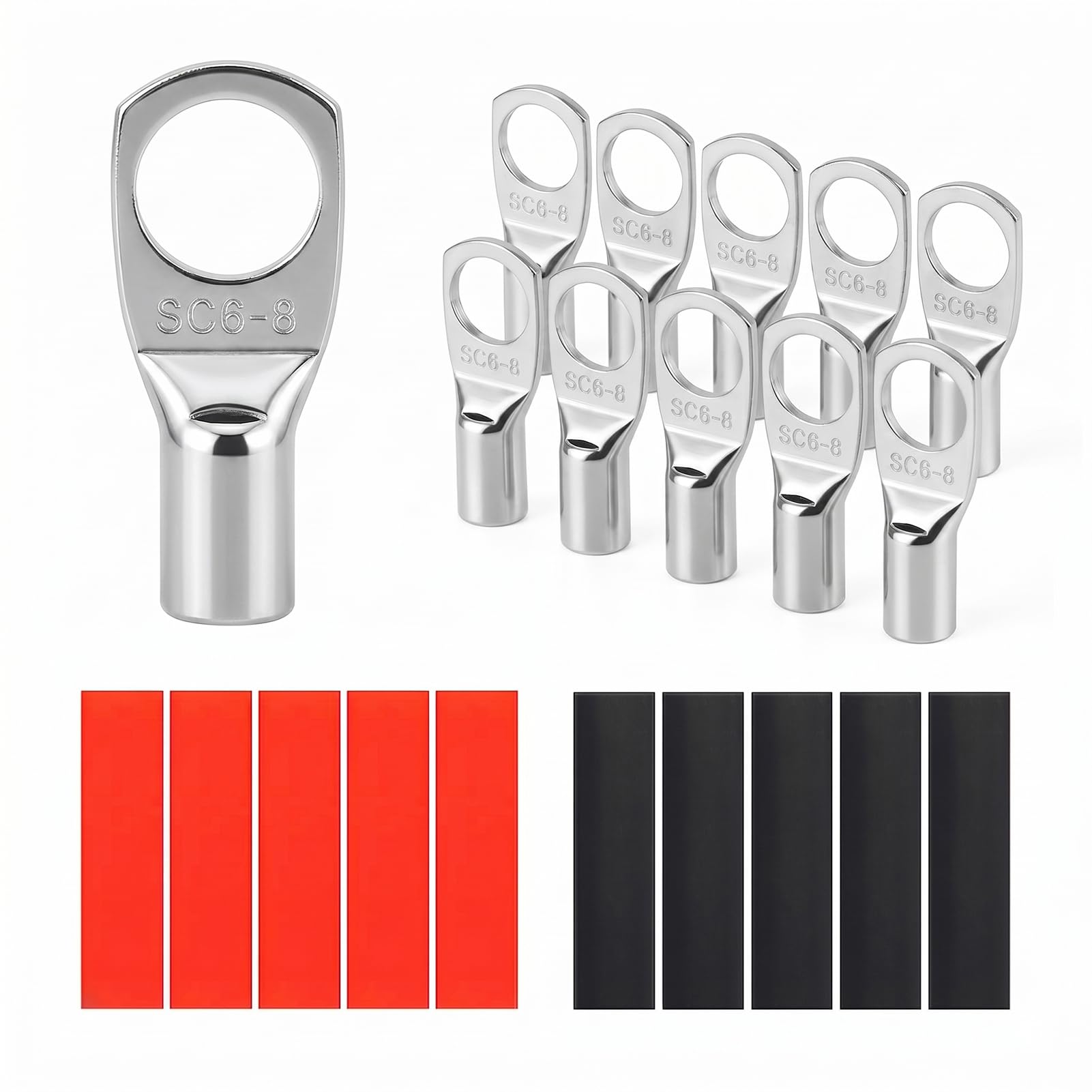 View 1 of 10PCS 10 Gauge Wire Connectors with Heat Shrink Tubing, Battery Terminal Ends, Tinned Copper Ring Terminals for AWG 12-10 - for Automotive, RV, Solar & Outdoor Power Equipment (SC6-8)