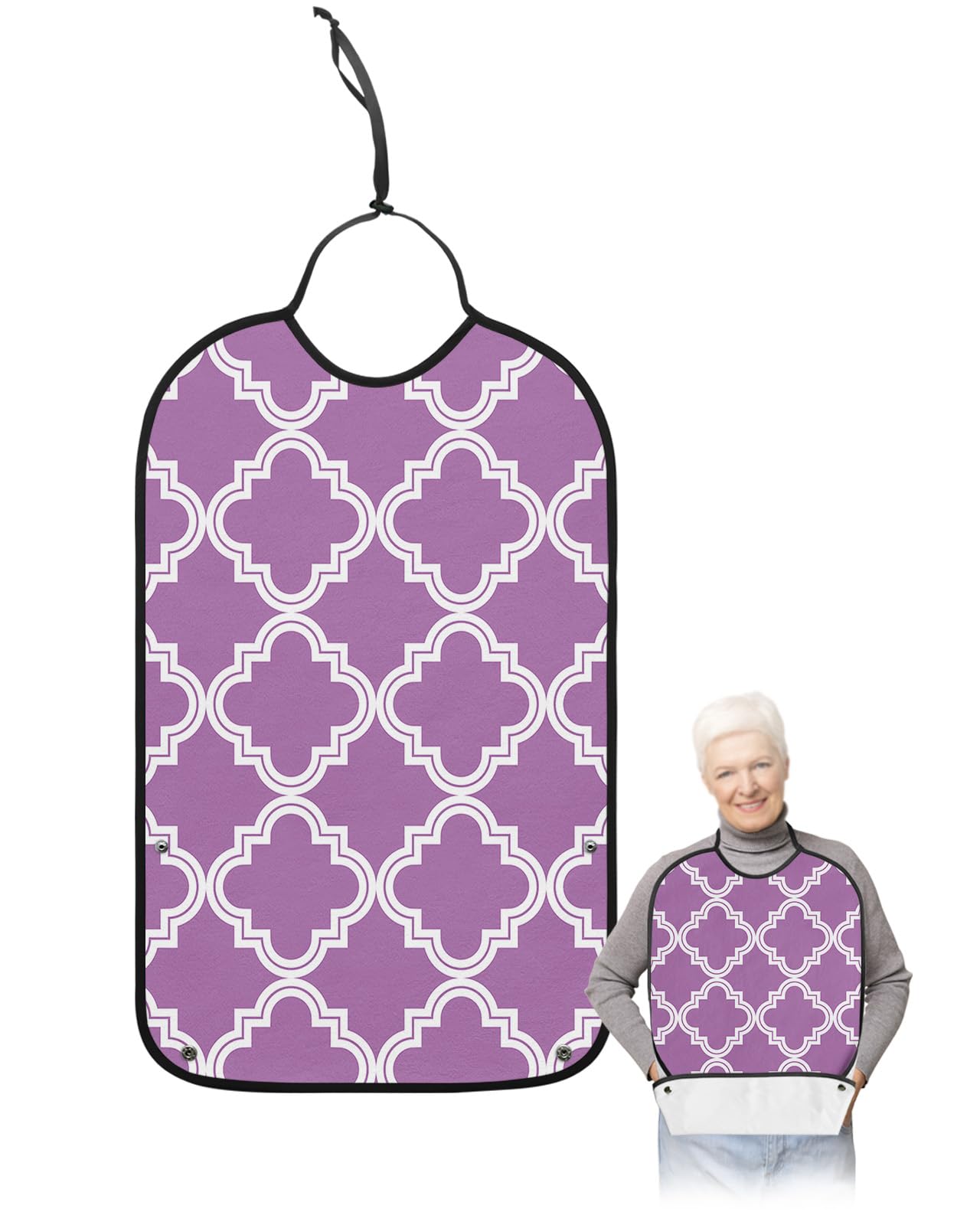 Purple Morocco Partern Adult Bibs for Eating, Waterproof Bibs with Food Catcher & Adjustable Snap Closure, Moroccan Modern Geometric Washable Clothing Protectors Adult Bibs for Elderly Women/Men