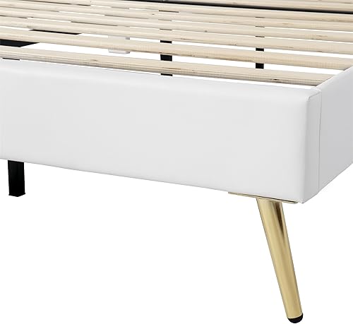 Miniatura 9 de CITYLIGHT Cama de princesa tapizada tamaño Queen con cabecera corona, marco de cama infantil de madera con luces LED y patas de metal para niñas, no