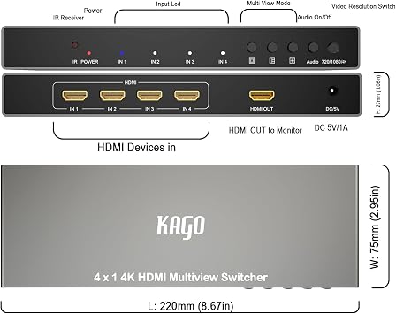 KAGO 4K HDMI Multi Viewer 4x1 Quad Divider with Remote Control, Seamless Switcher 4 Port in 1 Out, Supports 1080P & 30Hz for PC, PS5, Security Camera and Gaming