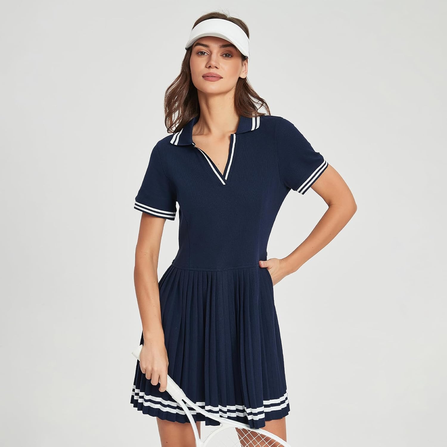 D-SUN Women's Tennis Dress 2026 Contrast Stripes Polo V Neck Sleeveless Athletic Unlined Golf Workout Dress