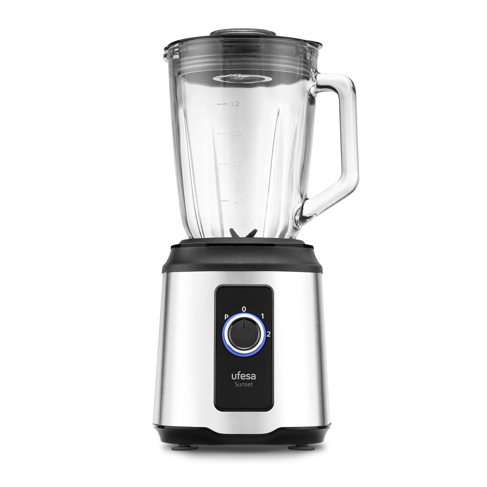 Ufesa Batidora de Vaso Sunset, Potencia 1600W, Jarra de Cristal Capacidad 1,5L, 2 Velocidades + Pulse, Tritura Hielo, Cuchillas de Acero Inoxidable, Base Inox, Base Antideslizante