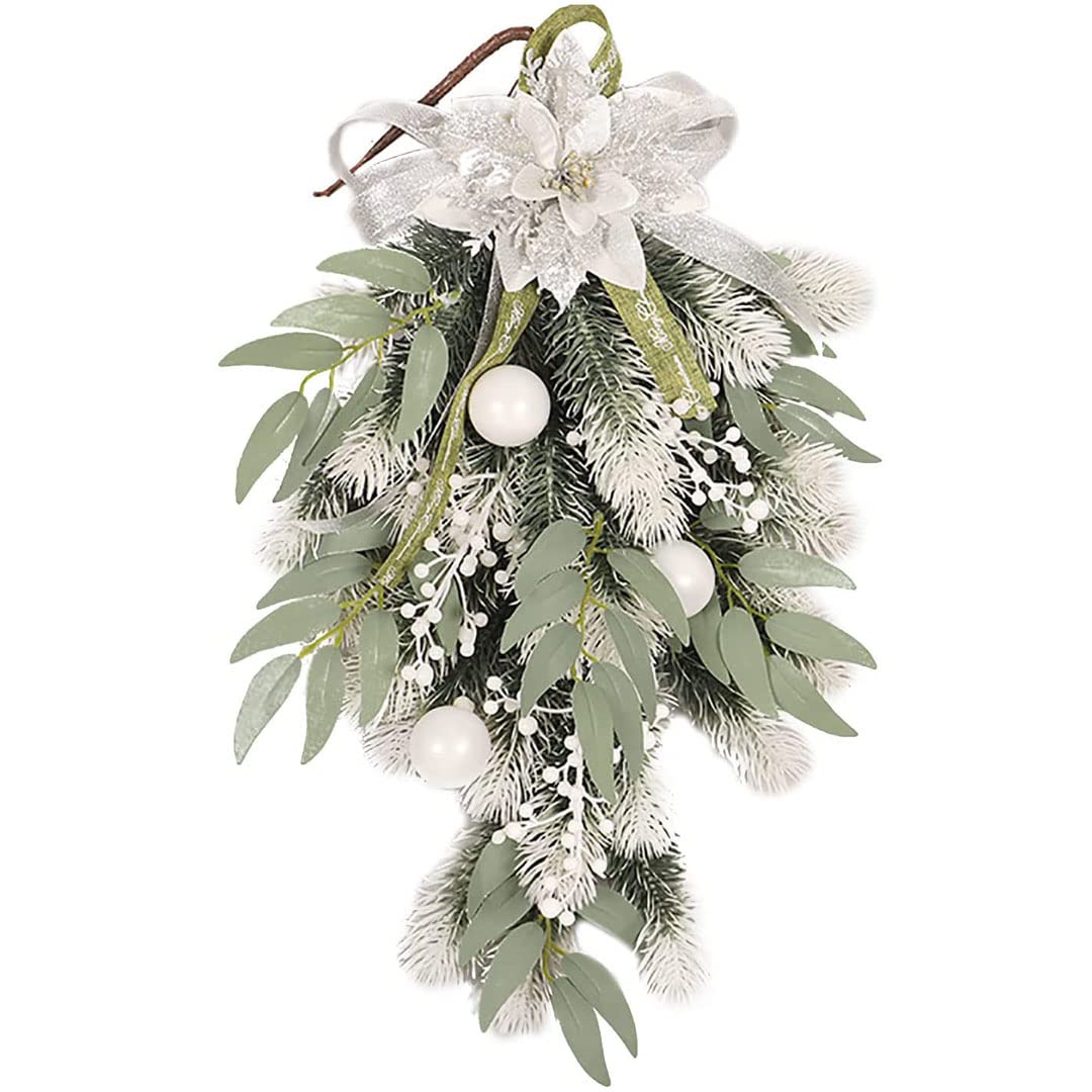 Artificial Christmas Teardrop Swag, 19.7inch Poinsettia Teardrop Wreath Artificial Front Door Swags Christmas Teardrop Floral Swag for Indoor and Outdoor Home Xmas Decor (1 Pack)
