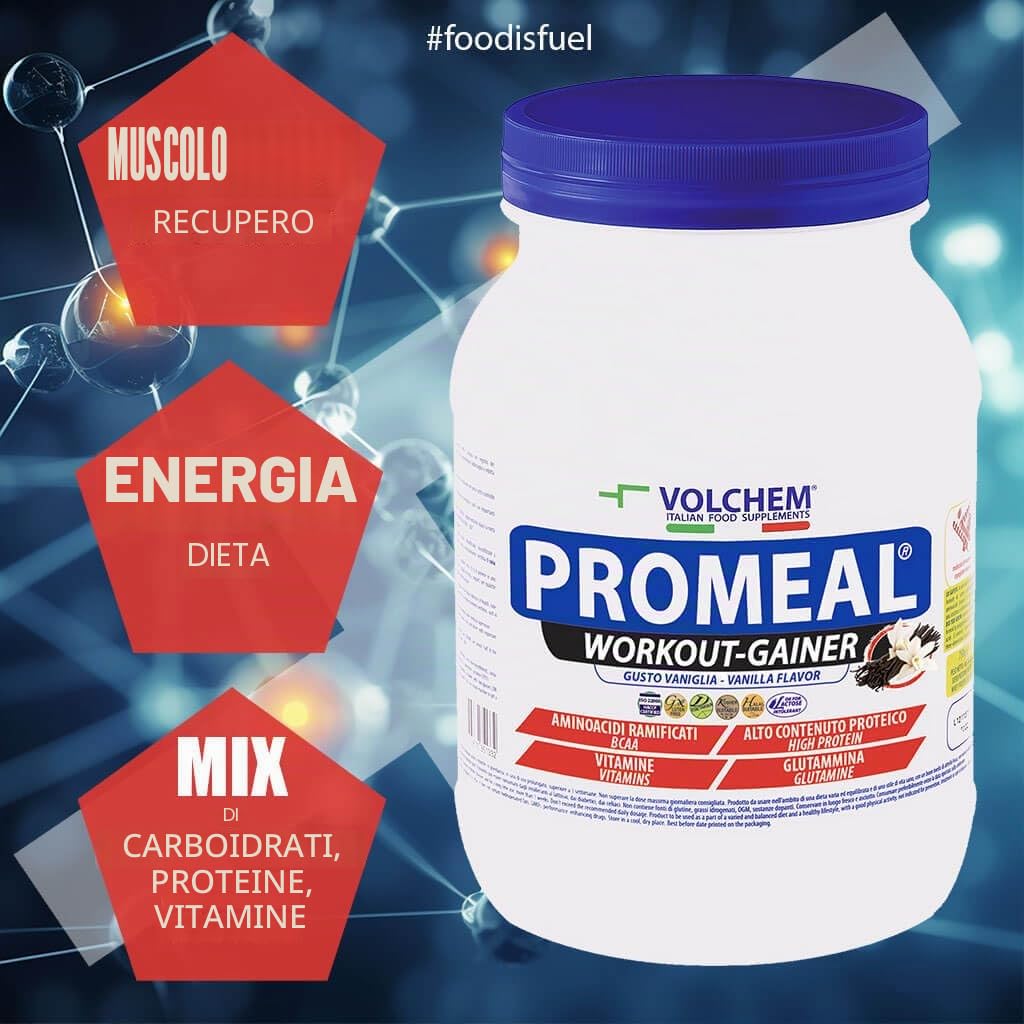 Volchem Promeal, Integratore Alimentare Energetico Workout-Gainer, con Aminoacidi e Vitamine, Senza Grassi Idrogenati, Additivi e Dolcificanti (1400 g, Vaniglia)