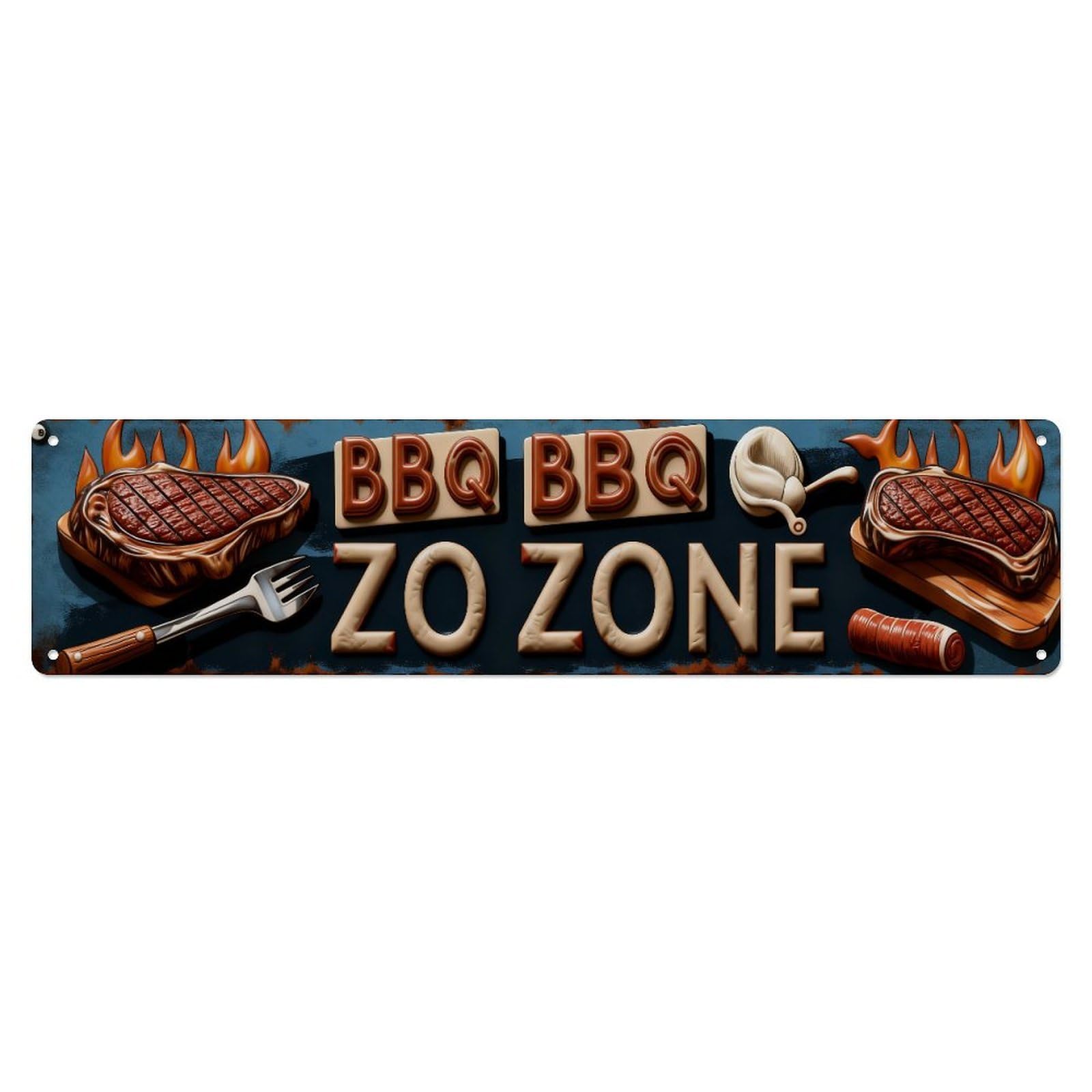 Barbecue Grill Meat Fork Flame Metal Tin Sign Plaque