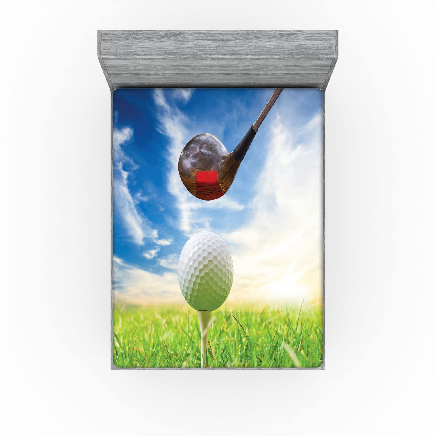 Ambesonne Sports 2 Pack Fitted Sheet, Golf Club and Ball, Bed Cover All-Round Elastic Deep Pockets 2 Pieces, Package Contains 2 Full Size Fitted Sheets, Green Dark Blue