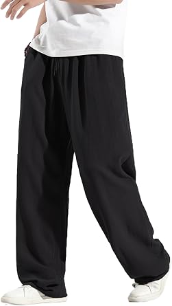 Mens Casual Linen Pants Loose Fit Elastic Drawstring Waist Jogger Summer Yoga Beach Long Pants