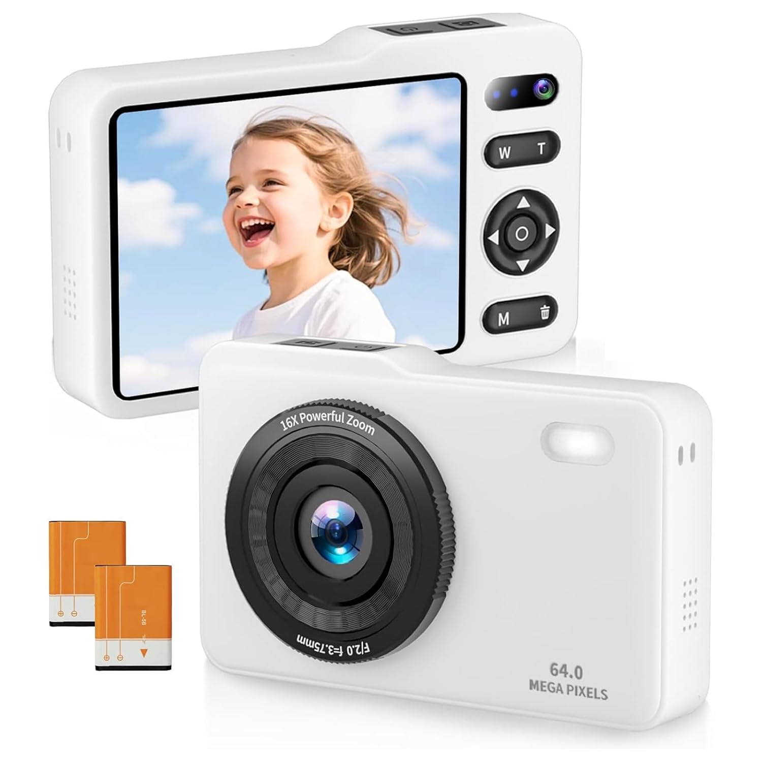 Point-and-Shoot Digital Camera, 64MP FHD Kids Camera with 64GB SD Card, 16x Zoom, White Point-and-Shoot Digital Camera, 64MP FHD Kids Camera with 64GB SD Card, 16x Zoom, White