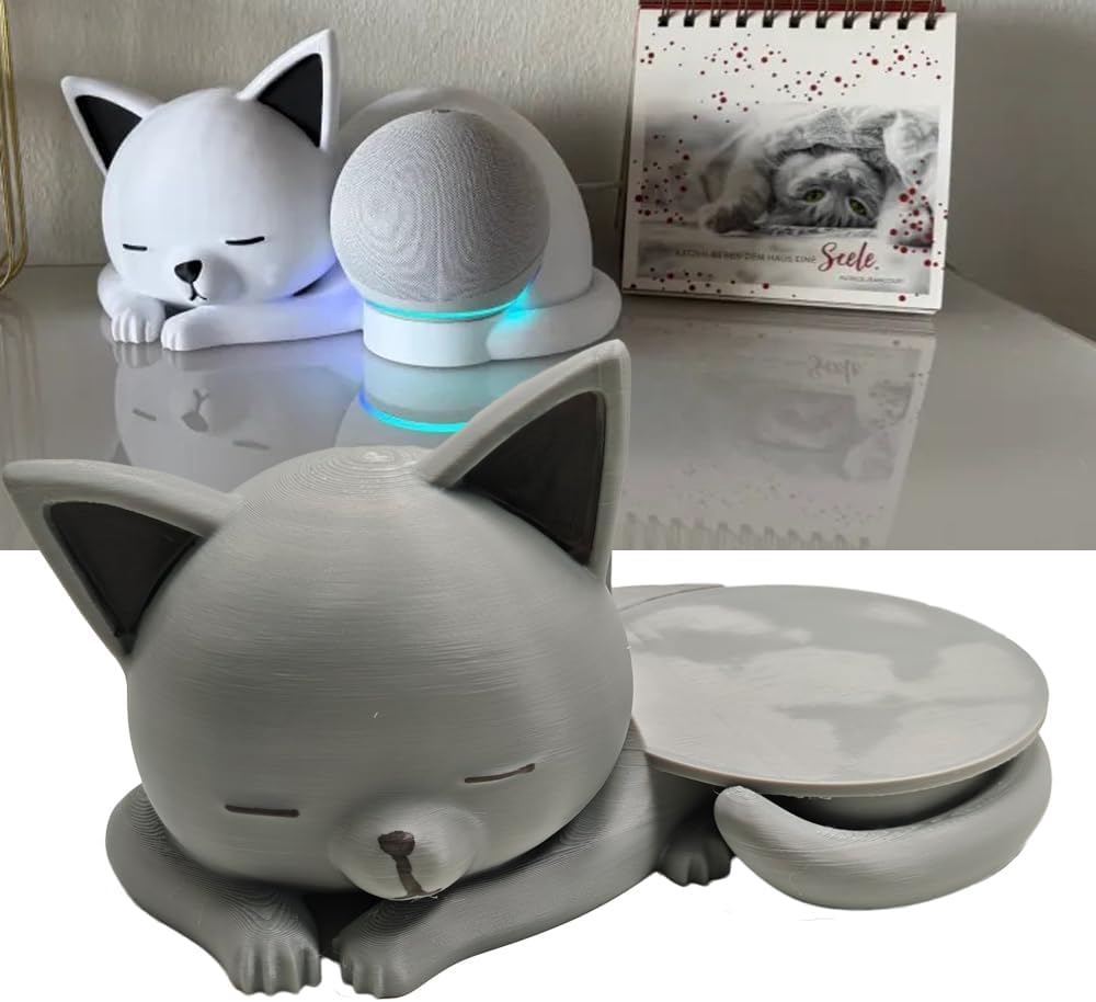3D Printed Cat Shape Stand Holder for Echo Dot, Gray PLA+