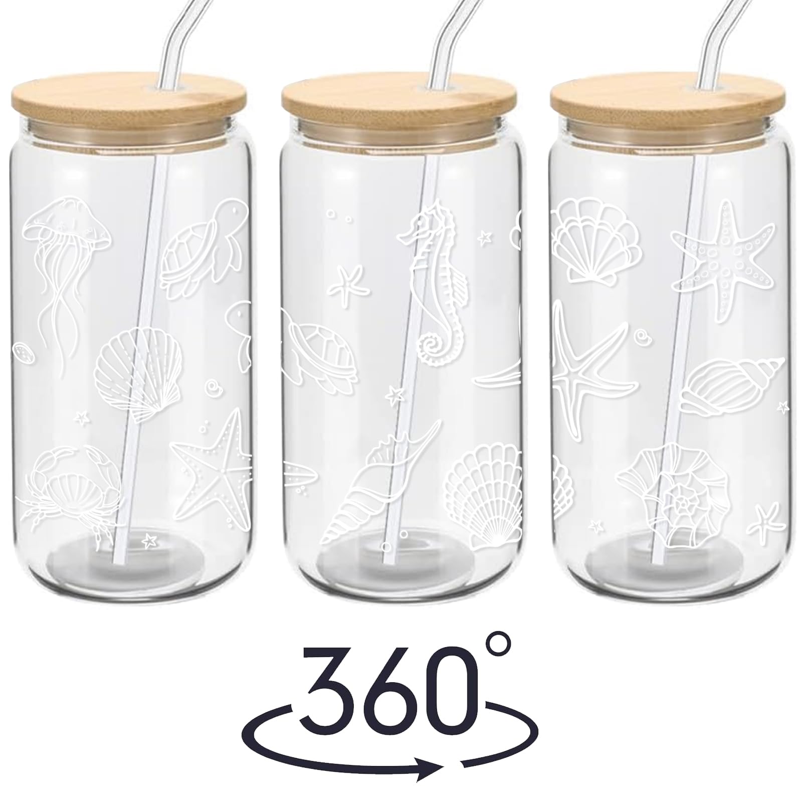 Mikopei Beach Gifts for Women - Ocean Animals Glass Cup with Lid and Straw, Cleaning Brush, Beach Room Decor, Coastal Decor for Home, Beachy Decorations, Iced Coffee Cup Tumbler, 16 oz
