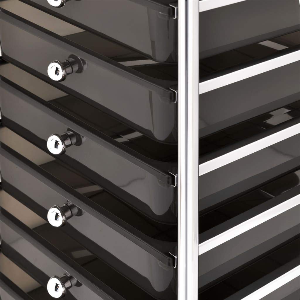 Carrello con 10 cassetti in plastica nera, telaio in plastica, 32 x 36,5 x 90 cm, 4 ruote girevoli, carrello mobile per ufficio, garage, magazzino, giardino, ausilio per il trasporto