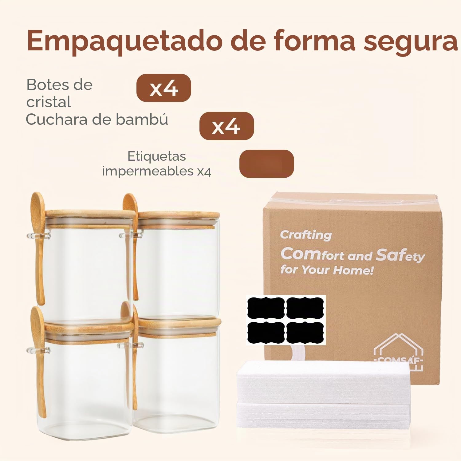 ComSaf Juego de 4 tarros de vidrio de 0.8 cuartos con tapas de bambú y cucharas, recipientes cuadrados de vidrio con tapas, recipientes de café y azúcar, tarros de especias de sal, contenedor de