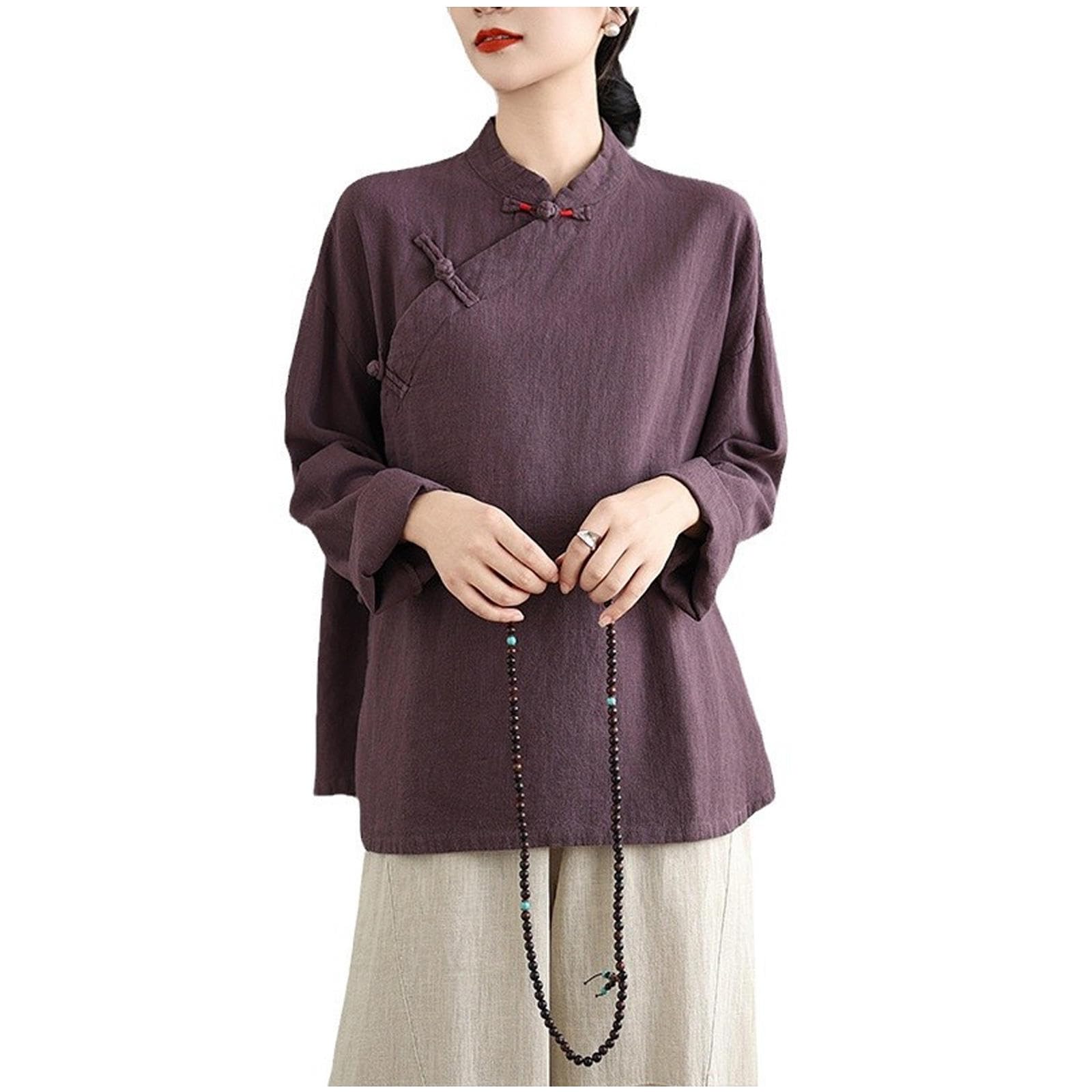 Damen Kung-Fu-Anzug aus Baumwolle und Leinen, Chinesische Kampfkunst-Uniform, Meditationsanzug, Langärmeliges Hemd und Hose,Purple-L