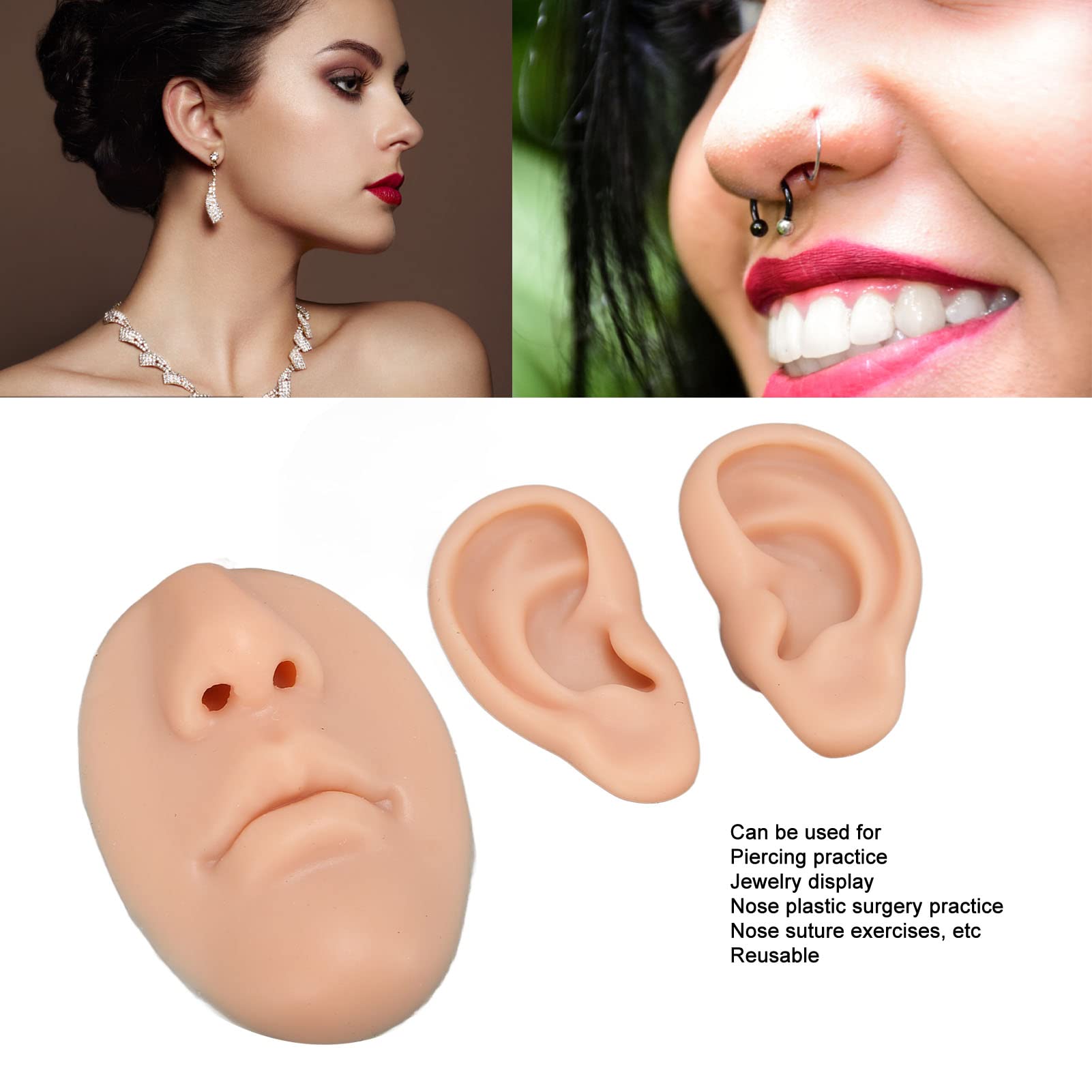 Silicone 3D Nose, Professional Piercing Practice Kit, Mouth, and Ear Models, Ideal for Novices, Jewelry Display, and Therapeutic Training(Medium Skin Tone)