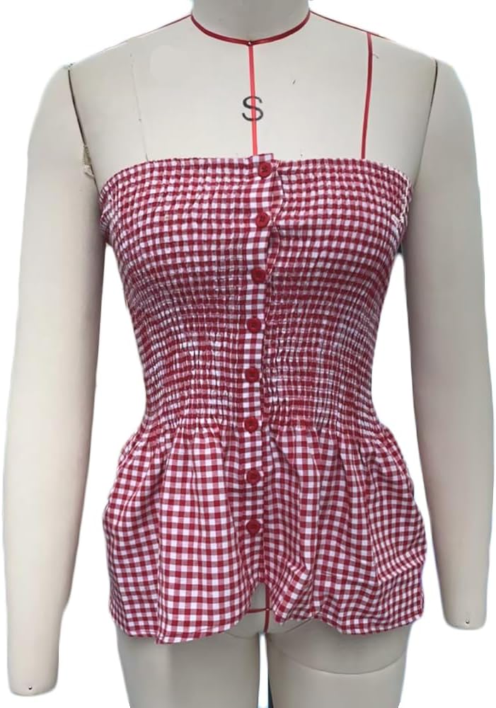 Women Y2k Gingham Tube Top Strapless Backless Plaid Peplum Vest Coquette Bandeau Crop Tank Summer Going Out Top - Image 6