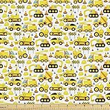 Lunarable Cartoon Fabric by The Yard, Construction Vehicles Style Machines Safety Building Theme, Decorative Fabric for Upholstery and Home Accents, 1 Yard, Yellow White