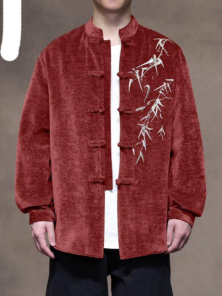 Men's Shirt Stand Collar Tang Suit Retro Autumn Embroidered Casual Tops for Men