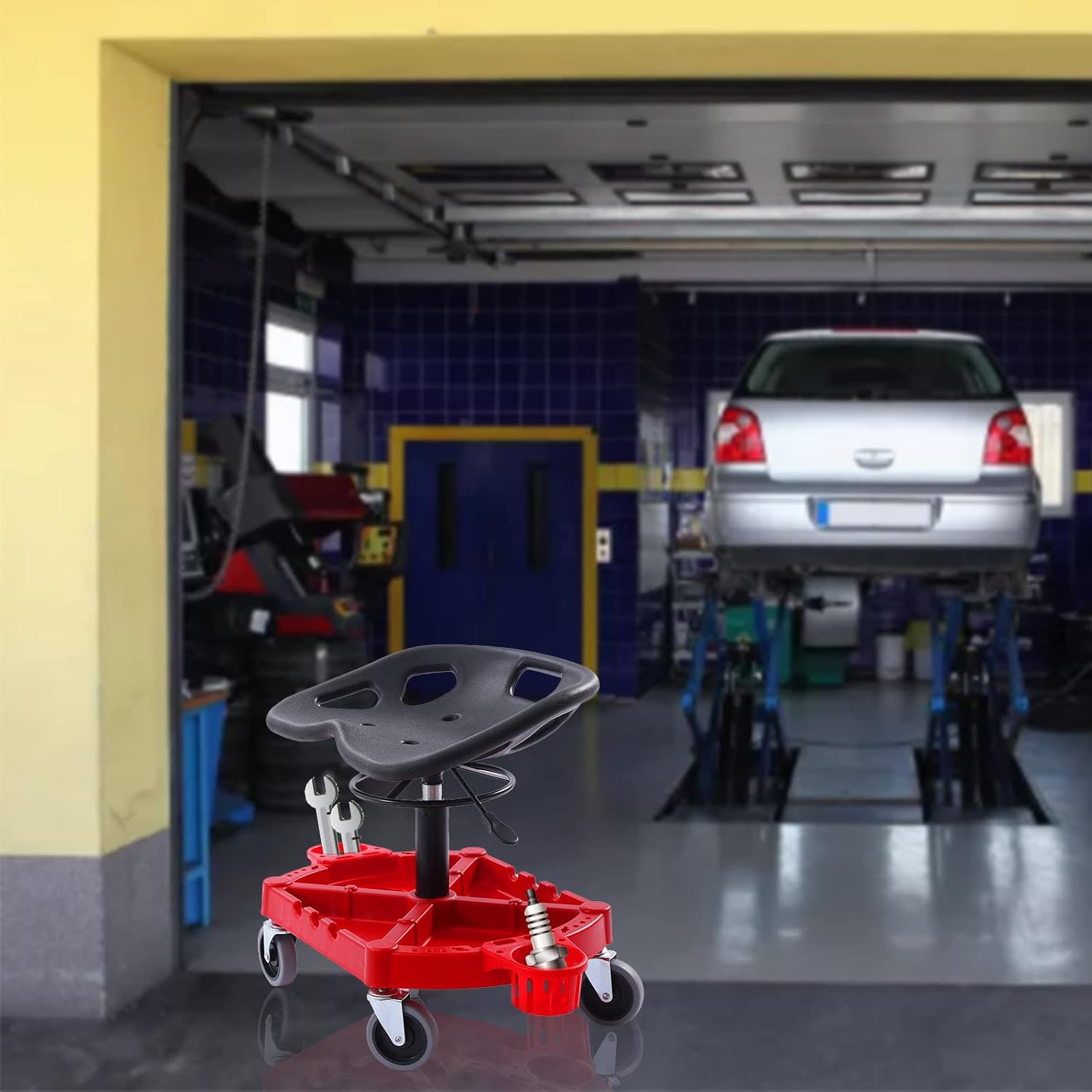 Rolling Garage Stool,330LBS Capacity Rolling Work Stool w/Tool Tray & 4 Swivel Wheels,19.69”-25“ Adjustable Height Ergonomic Mechanic Seat for Workshop Auto Car Repair Shop