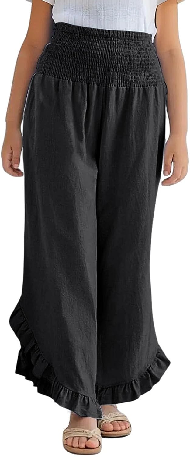 Girls Linen Pants Summer Wide Leg Smocked Waist Ruffle Hem Palazzo Pants Boho Flowy Beach Gauze Trousers Loung𝐞 Trousers