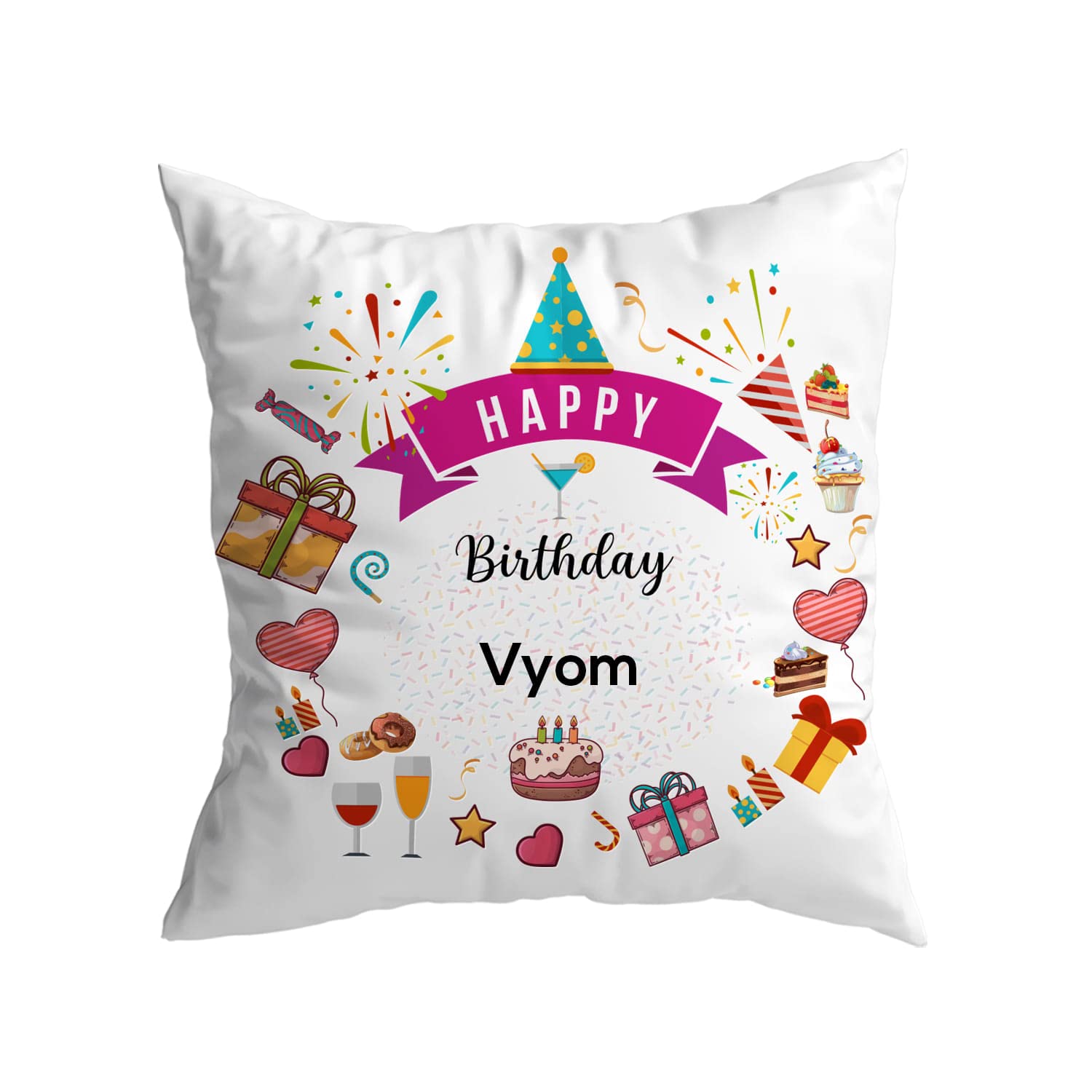 ASHVAH Vyom Name Happy Birthday Cushion/Pillow Cover with Filler - Best Birthday Gift for Son, Brother, Husband Return Gifts for Kids - Size - 12 x 12 inches