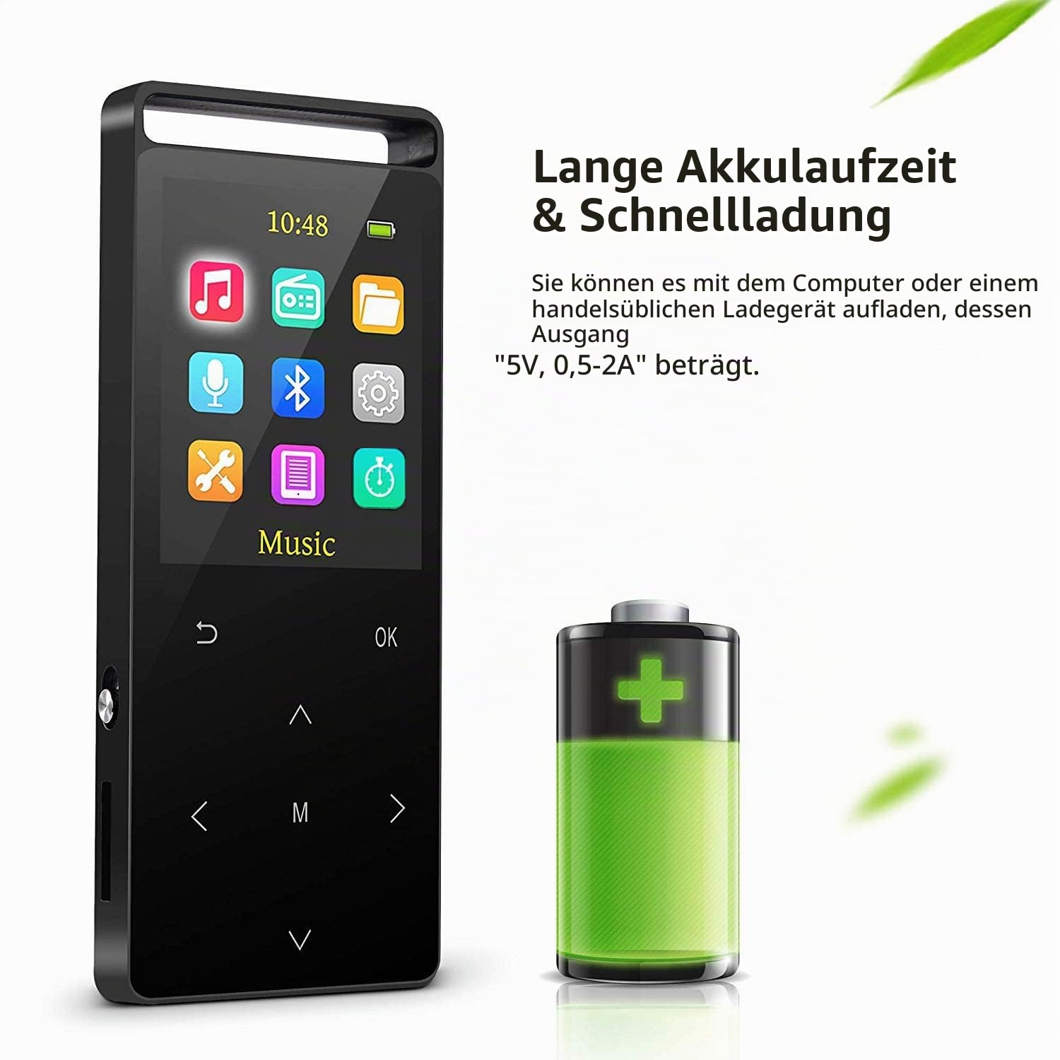 64GB MP3-Player, MUSRUN MP3 Player mit Bluetooth Armtasche, HiFi, AUX-Record, Sleeptimer, FM, FM-Record, Schwarz Matt