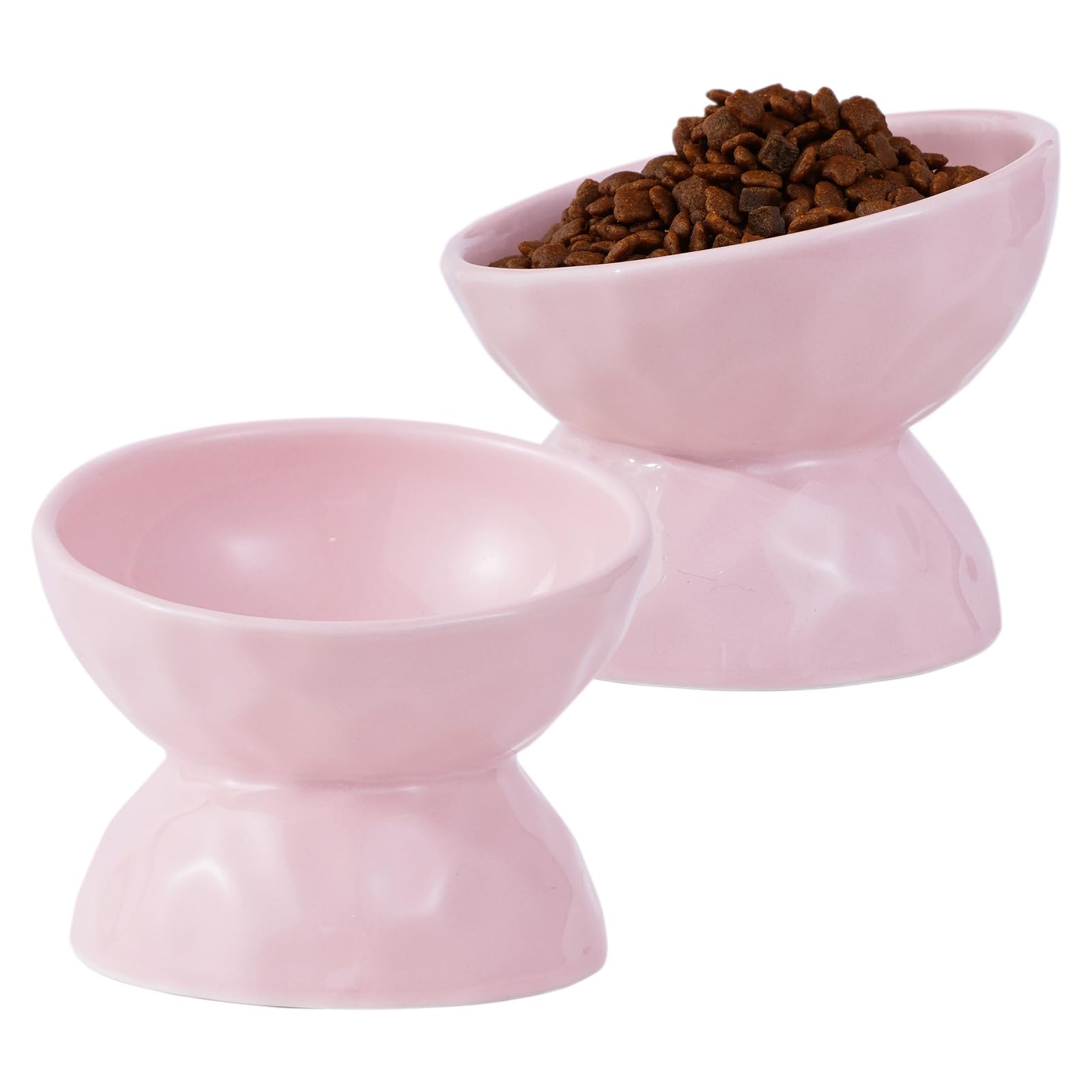 OMAYKEY Ceramic Raised Cat Bowls, Tilted Elevated Cat Food and Water Bowls, Pet Bowl Dish for Cats and Small Dogs, Pink, Set of 2