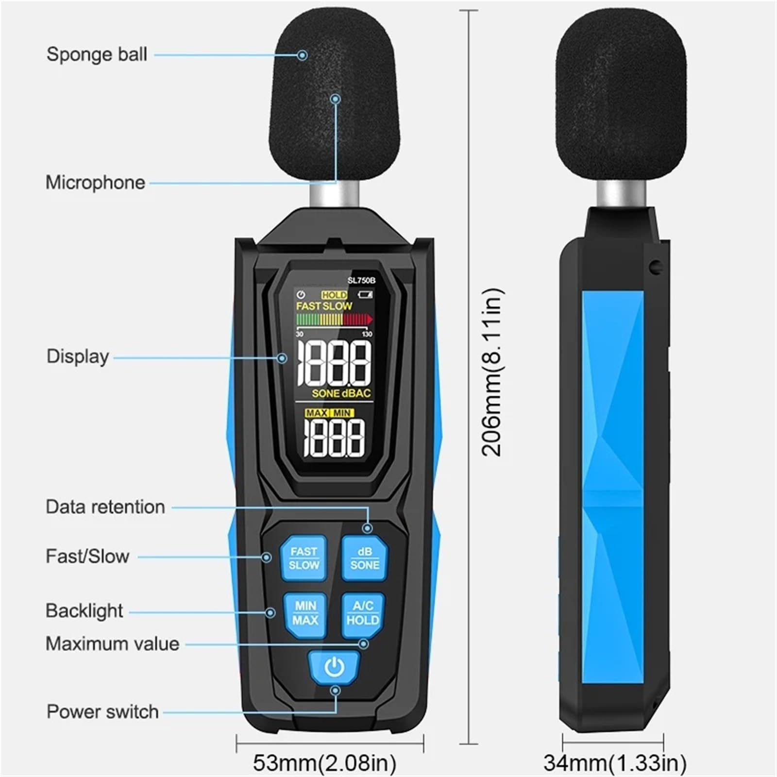 Medidor de decibelios, Sonómetro digital 750/750B, comprobador de ruido profesional, aire acondicionado, 30-130 dB, decibelímetro, instrumento de medición(750B)