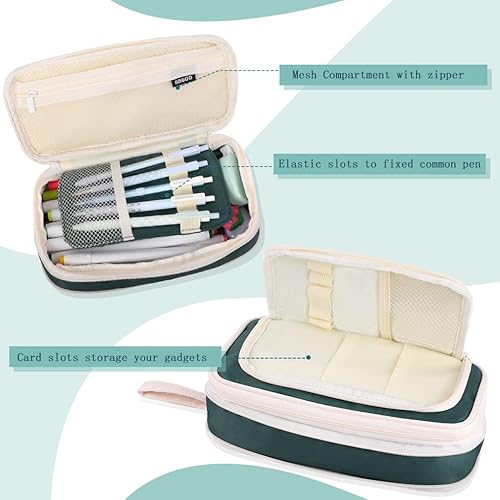 Miniatura 3 de iSuperb Estuche para lápices de gran capacidad, bolsa portátil para bolígrafos con 2 compartimentos, organizador de bolígrafos verde oscuro para la