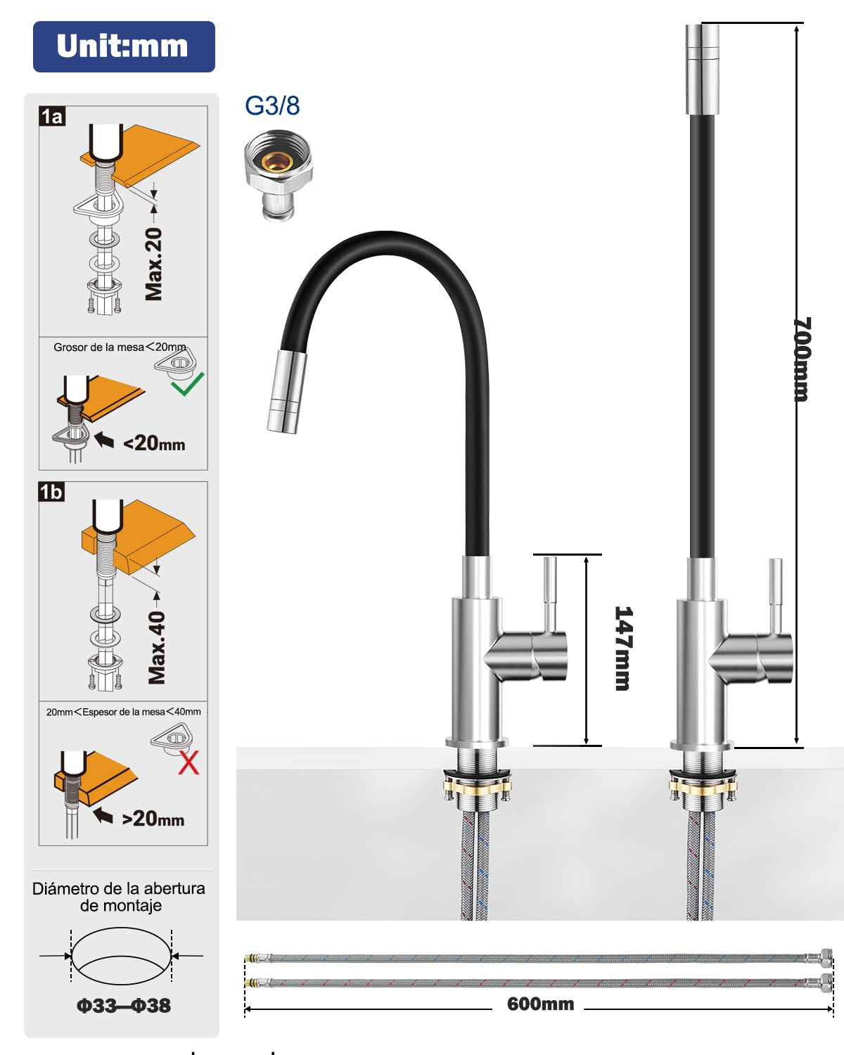 Grifo de Cocina Flexible Negro Con 2 Chorros de Agua, Mezclador de 360°, Caño Flexible, Fregadero de Alta