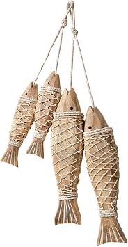 PWMENLK 4 Pcs Hand Carved Wooden Fish Home Wall Decor with Decorative Twine Rustic Coastal Art for Nautical Parties, Under The Sea Themes, Lake House Beach Themed Celebrations