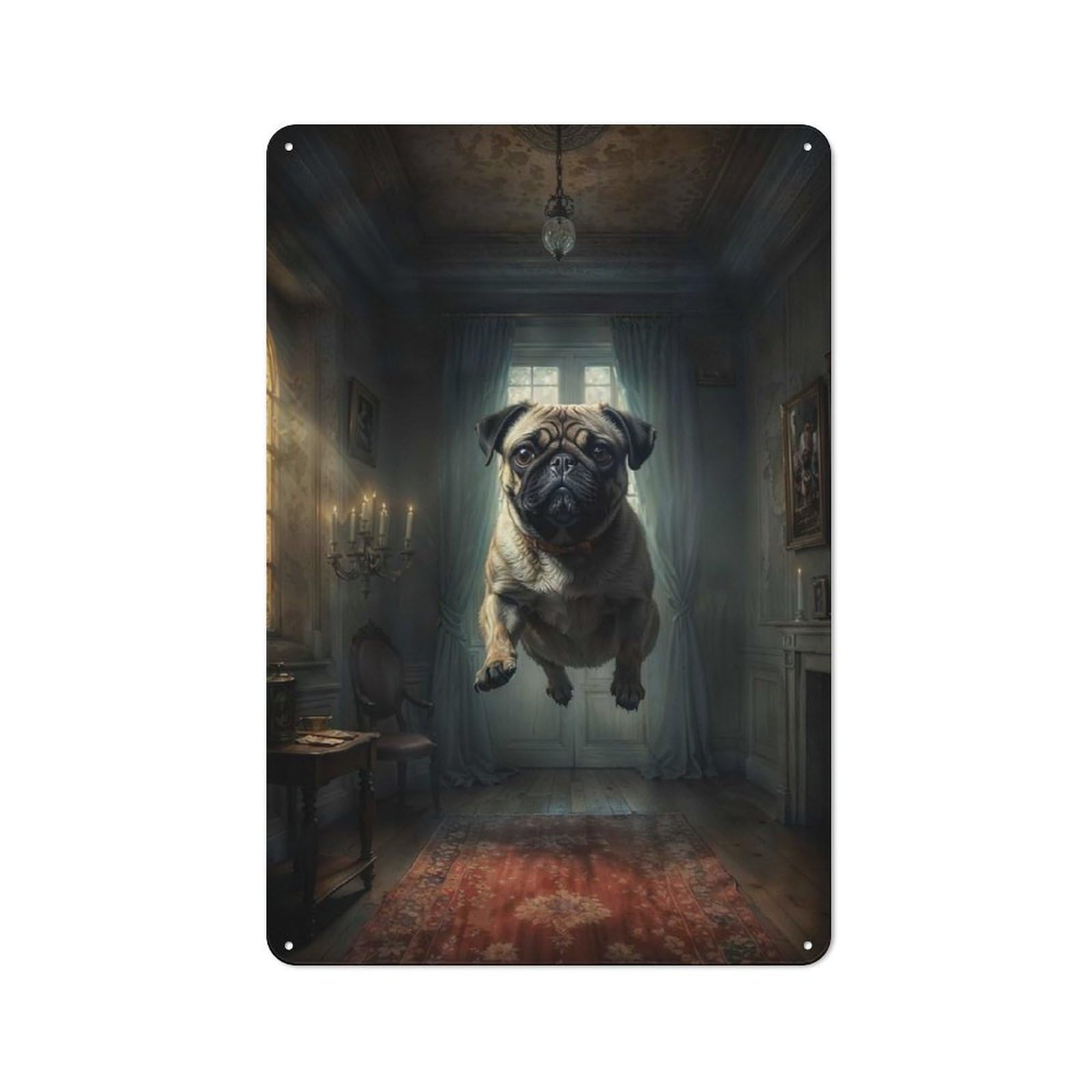 Junmoney Pug In Haunted Mansion Metal Wall Sign 30X20cm Featuring For Bar Or Restaurant, For Bar Decor Enthusiasts