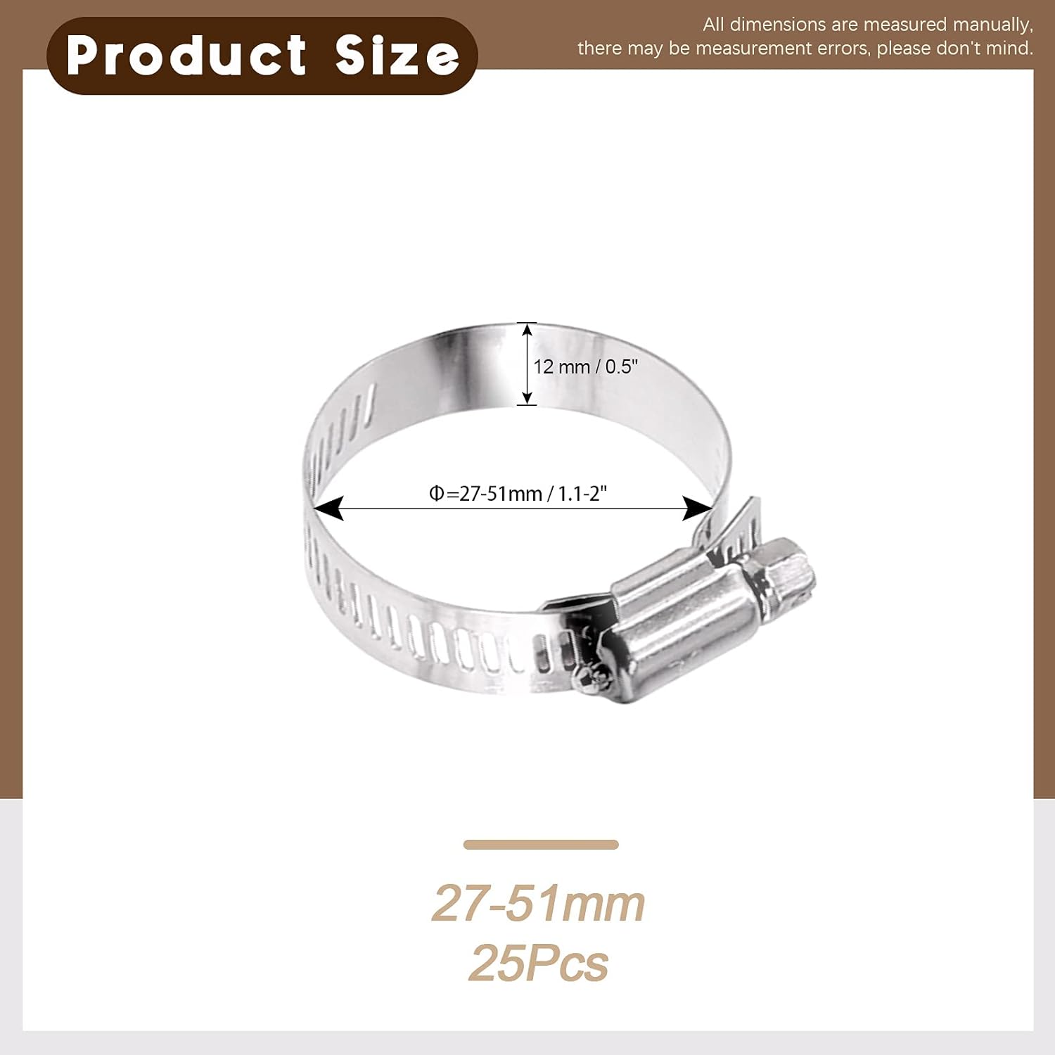 25Pcs 27-51mm Full Stainless Steel Adjustable Worm Gear Hose Clamp Duct Clamp Fuel Line Clamp for Plumbing, Automotive and Mechanical Applications (25, 27-51mm)