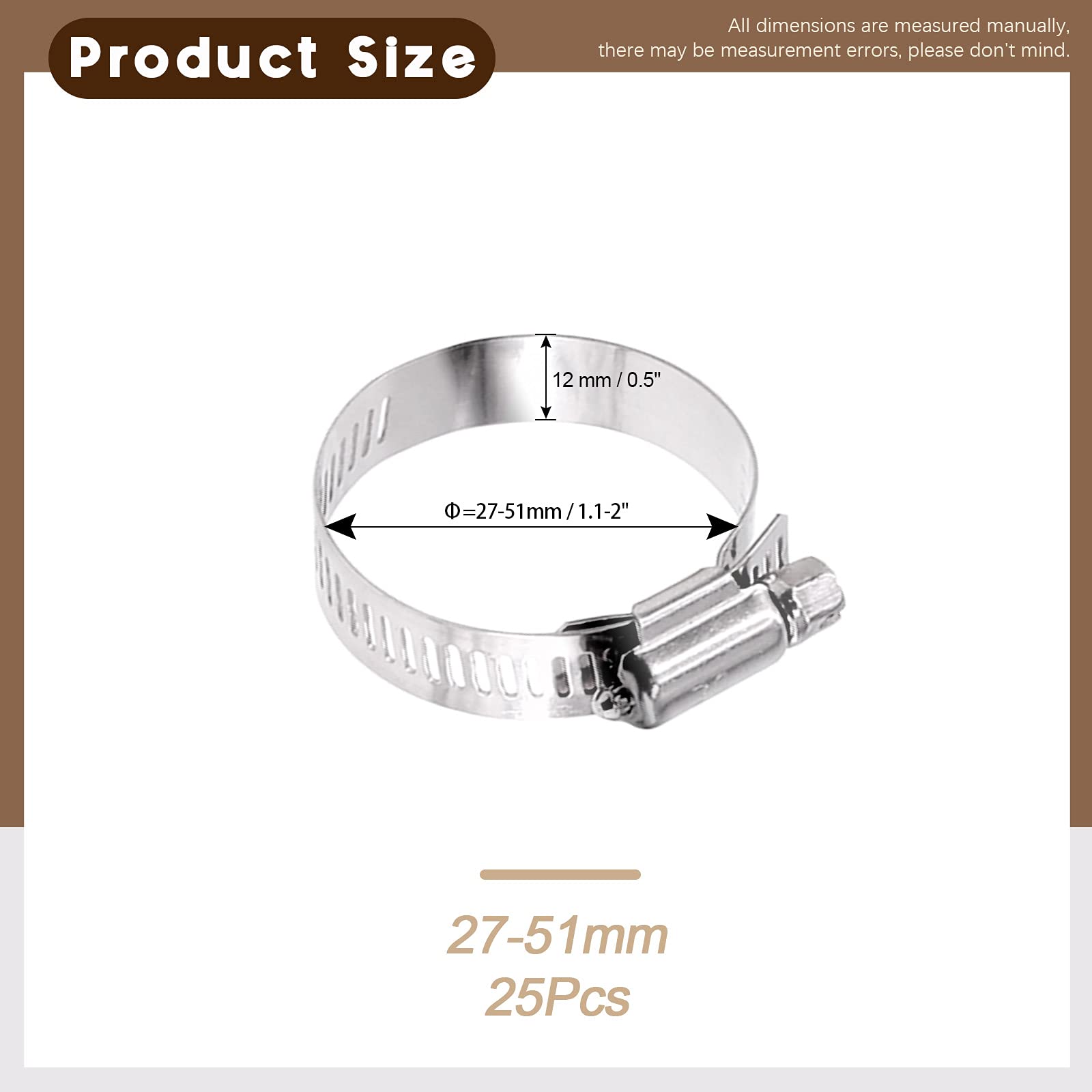 Wokape 25Pcs 27-51mm Full Stainless Steel Adjustable Worm Gear Hose Clamp Duct Clamp Fuel Line Clamp for Plumbing, Automotive and Mechanical Applications (25, 27-51mm)