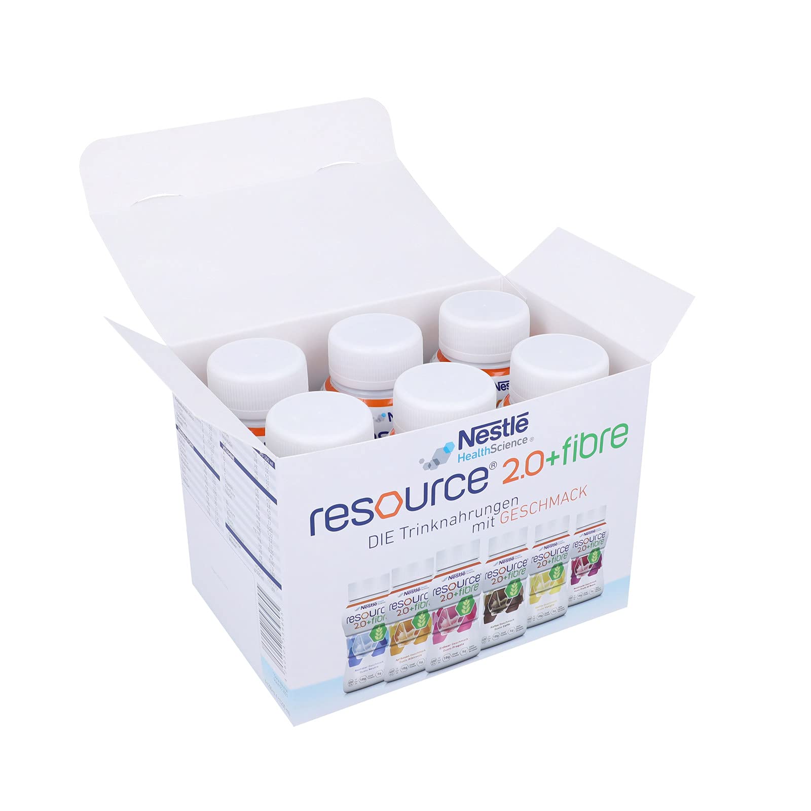 resource® 2.0+fibre ist eine hochkalorische Trinknahrung mit hochwertigem Milcheiweiß und löslichen Ballaststoffen | Glutenfrei & Lactosearm | Probe-Set, 6 Sorten mit je 200 ml